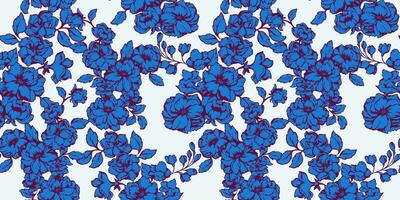 Vektor stilisiert Blühen Blumen Stengel verflochten im ein nahtlos Muster auf ein Licht Hintergrund. hell Textur Blau gestalten Blumen- Geäst. Vektor Hand gezeichnet skizzieren.