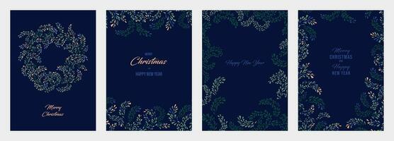 Weihnachten Vorlagen mit Kopieren Raum. einstellen Gruß Karten fröhlich Weihnachten, glücklich Neu Jahr mit Vektor Hand gezeichnet dekorativ, abstrakt, künstlerisch Weihnachten Kranz, aufwendig Blumen- rahmen, Winter Ornament