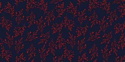 sömlös form mycket liten röd grenar löv mönster på en mörk blå bakgrund. vektor hand dragen skiss platt grenar. design för mode, tyg, tapet.