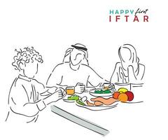 Linie Kunst von Muslim Familie beim iftar Zeit. vektor