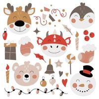 uppsättning av söt liten djur med jul dekorativ element i platt stil. barns klotter hand dragen i tecknad serie stil. vektor