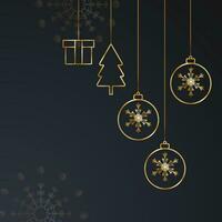 social media posta design glad jul svart bakgrund med träd och gyllene bollar med gyllene gåva låda vektor