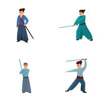japansk samuraj ikoner uppsättning tecknad serie vektor. samuraj krigare med svärd vektor