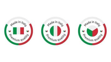 Hergestellt in Italien-Label, Aufkleber-Vektor-Design. Stempel mit Italien-Landesflagge. Qualitätszeichensymbol für Tags, Abzeichen, Aufkleber, Emblem, Produkt. vektor