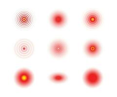 uppsättning av medicinsk smärta cirkel ikoner. röd smärta cirklar. smärta och värk symboler. röd symbol av smärta plats. koncentrisk cirkel element. minimal radiell krusningar. ljud vågor. vektor