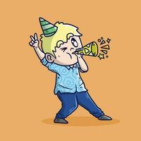 söt tecknad serie illustration av Lycklig pojke blåser trumpet i ny år eve fest. ny år eve fest vektor illustration