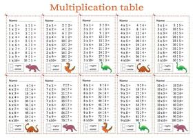 multiplikation tabell förbi med en uppgift till konsolidera din kunskap av multiplikation. färgrik tecknad serie multiplikation tabell vektor för undervisning matematik. tecknad serie dinosaurier. eps10