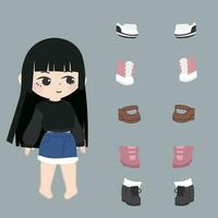 en tonåring flicka docka med olika och skor, i de stil av anime-inspirerad karaktär mönster, minimalistisk stil, skära och klistra, ljus svart och rosa, interaktiv bitar, mörk azurblå, mörk brun och vit vektor