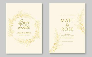 elegant Hochzeit Einladung Karte Vorlage. Hochzeit Einladung Startseite Design mit Gold Blatt Linie Kunst. Vektor Illustration