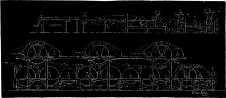 Überblick von ein kontinuierlich Papier Maschine, Jahrgang Gravur. vektor