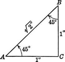 särskild rätt triangel med vinklar 45, 45, 90 grader årgång illustration. vektor