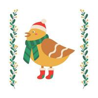 uppsättning av jul fågel i en röd happ, scarf, och stövlar, ram med gren. vektor