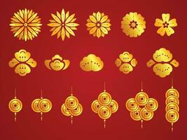 einstellen zeitgenössisch Kunst Gold Blume blühen und Münze Design zum schmücken Festival Kultur orientalisch vektor