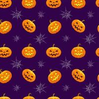 halloween mönster. huggen glödande pumpa och spindelnät. sömlös halloween fest semester lila bakgrund. vektor illustration