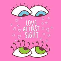 glücklich Valentinstag Tag Gruß Karte. Liebe beim zuerst Sicht. retro Stil Illustration mit 90er Jahre Stimmung. Augen im Liebe. liebend Augen. Banner zum Sozial Medien vektor