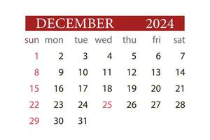 december 2024 kalender en gång i månaden planerare Start söndag mall vektor. vektor