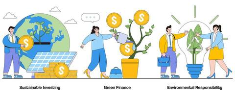 hållbar investera, grön finansiera, miljö- ansvar begrepp med karaktär. esg investeringar abstrakt vektor illustration uppsättning. hållbar finansiera, etisk investera, grön portfölj