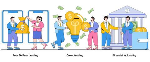 jämlikar till jämlikar utlåning, crowdfunding, finansiell inkludering begrepp med karaktär. p2p finansiera abstrakt vektor illustration uppsättning. samarbete utlåning, Crowdsourcing finansiering, finansiell demokratisering