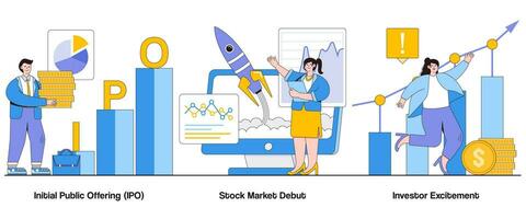 första offentlig erbjudande, stock marknadsföra debut, investerare spänning begrepp med karaktär. ipo lansera abstrakt vektor illustration uppsättning. investerare förväntan, stock marknadsföra inträde liknelse