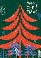 glad jul hälsning kort med ljus abstrakt gran träd på en grön bakgrund. vektor