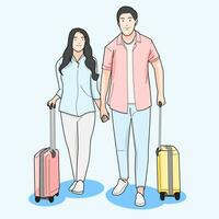 Mann und Frau Gehen mit Gepäck zum Reisen Ausflug auf ein Ferien vektor