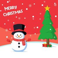 snögubbe och en jul träd på en röd snöig bakgrund med glad jul. jul hälsning kort illustration vektor