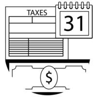 beskatta betala dag ikon linje. beskatta form dollar sedel och kalender. vektor illustration