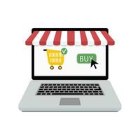 Kaufen online speichern. Laptop mit Netz Geschäft. Illustration von E-Commerce zum Kunde Bildschirm, Einkauf Korb, Einkaufen bestellen Vektor