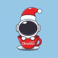 söt astronaut bär santa hatt i kopp. söt jul tecknad serie karaktär illustration. vektor