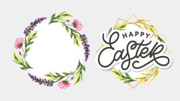 Frohe Ostern handgezeichnetes Logo, Abzeichen-Typografie-Symbol. Schriftzug Frohe Ostern mit Blumen für Grußkarten, Einladungsvorlage. Retro-, Vintage-Schriftzug-Banner-Plakat-Vorlagenhintergrund vektor