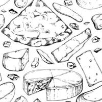 Hand gezeichnet Vektor Tinte Illustration. quattro Formaggi vier Käse Pizza Scheibe, Italienisch Küche. nahtlos Muster isoliert auf Weiß. Design zum Restaurant Speisekarte, Cafe, Essen Geschäft oder Paket, Flyer drucken.