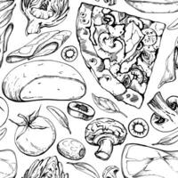 Hand gezeichnet Vektor Tinte Illustration. Capricciosa Pizza Scheibe mit Beläge, Italienisch Küche Mahlzeit. nahtlos Muster isoliert auf Weiß. Design Restaurant Speisekarte, Cafe, Essen Geschäft oder Paket, Flyer, drucken.