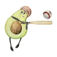 Hand gezeichnet Aquarell süß Avocado Charakter spielen Baseball Spiel mit Schläger und Ball. Fitness Gesundheit. Illustration isoliert Komposition, Weiß Hintergrund. Design zum Poster, drucken, Webseite, Karte, Fitnessstudio vektor