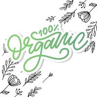 organischer Pinselschrift. handgezeichnetes Wort organisch mit grünen Blättern. Label, Logo-Vorlage für Bio-Produkte, gesunde Lebensmittelmärkte. vektor