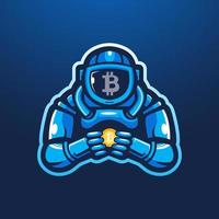 Astronaut, der Bitcoin-Maskottchen-Logo-Design-Illustrationsvektor hält vektor