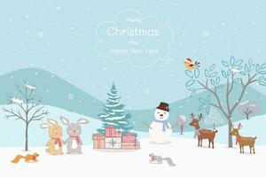 Frohe Weihnachten und guten Rutsch ins neue Jahr Grußkarte mit Tieren glücklich auf Winterhintergrund vektor