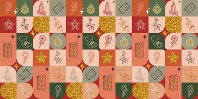 vektor jul och ny år fyrkant mönster med översikt symboler av firande och gyllene textur. gåva, godis sockerrör, pepparkaka, ljus, strumpa och järnek bär. festlig bakgrund illustration