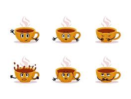 Cartoon-Vektor-gelbe Tasse heißen Tee Emotionen Pack. kleiner gemütlicher Keramiktassen-Charakteraufkleber vektor