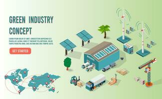 isometrisch Grün Industrie mit verlängerbar Quellen Sonne und Wind zum speichern Energie System, Grün Technologien und Clever Systeme. vektor