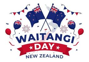 Lycklig waitangi dag vektor illustration på februari 6 med ny zealand flagga och Karta i nationell Semester platt tecknad serie bakgrund design