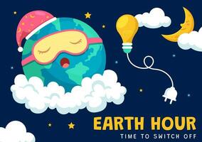 glücklich Erde Stunde Tag Vektor Illustration mit Wolke, Licht Birne, Welt Karte und Zeit zu Wende aus im eben Karikatur Hintergrund Design