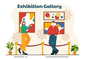 Ausstellung Besucher Anzeigen ein Galerie mit modern abstrakt Gemälde beim zeitgenössisch im Exposition Halle im eben Karikatur Hintergrund Vektor Illustration