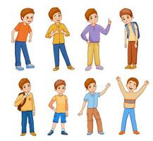 uppsättning av illustrationer av pojke tecken med annorlunda känslor. pojke som visar tummar, arg och förtjust. isolerat på vit bakgrund. vektor platt tecknad serie illustration