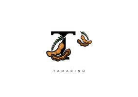 brun tamarind frukt vektor, bra kombination av tamarind frukt symbol med brev t vektor
