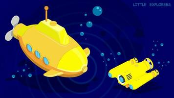u-båt och autonom under vattnet robot Drönare uppträdande forskning och video filmning av de havsbotten. vektor i tecknad serie stil