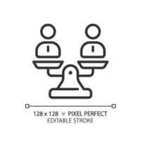 2d Pixel perfekt anpassbar schwarz Menschen auf Gewicht Rahmen Symbol, isoliert Vektor, dünn Linie Illustration Darstellen Vergleiche. vektor