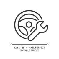 2d Pixel perfekt editierbar schwarz Lenkung Rad Reparatur Symbol, isoliert Vektor, dünn Linie einfach Illustration Darstellen Auto Bedienung und Reparatur. vektor