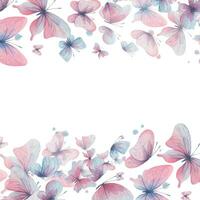 fjärilar är rosa, blå, lila, flygande, delikat med vingar och stänk av måla. hand dragen vattenfärg illustration. ram, baner, mall på en vit bakgrund, för design vektor