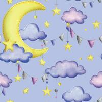ein süß genäht Gelb Mond mit hängend Sterne, Girlande Flaggen, Punkte, Wolken. Aquarell Illustration, Hand gezeichnet. nahtlos Muster auf ein Blau Hintergrund. vektor