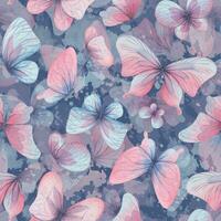 fjärilar är rosa, blå, lila, flygande, delikat med vingar och stänk av måla. hand dragen vattenfärg illustration. sömlös mönster på en lila bakgrund, för design. vektor